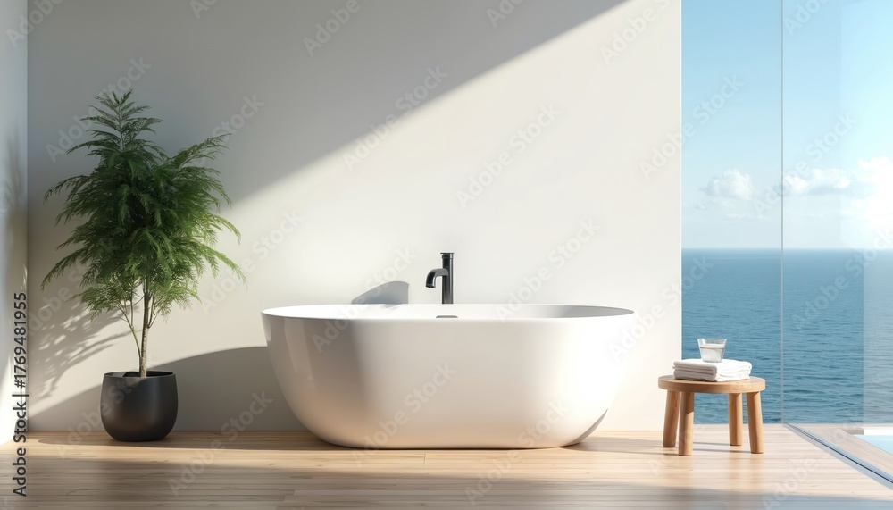 Fototapeta premium Modern bathroom features white oval tub near large window with ocean view. Green plant sits on wooden floor. Small stool holds towel and drink.