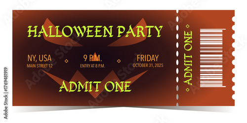 Halloween party ticket template with smiling scary face and event details