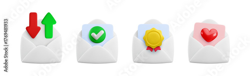 Vector cartoon 3d email icon set. Realistic 3d render open envelope with arrows, award medal, heart, green checkmark tick. Email incoming message notification. Cute mail symbol collection for app, web