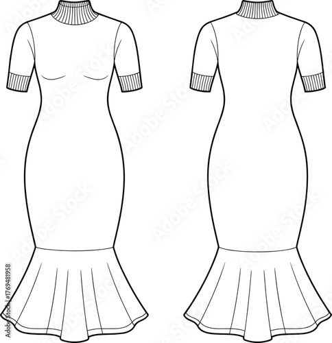 Women's elegant mermaid midi dress technical flat sketch with ribbed mock neck and short sleeves fashion design vector template