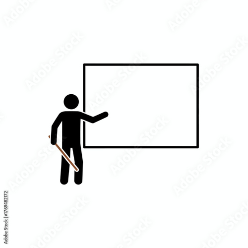 Minimalist vector icon of a stick figure presenter pointing at a blank whiteboard, ideal for representing educational lectures, business training, or teaching concepts and instruction