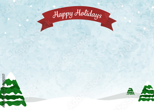 水彩のもみの木と雪の冬景色と青空　クリスマスイラスト　- Watercolor fir tree, snowy winter landscape and blue sky Christmas illustration