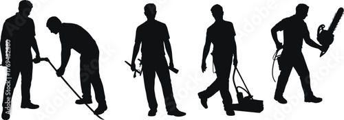 Vector silhouette illustration of workers using tools in various manual labor poses for construction concept, maintenance design, and occupational safety reference