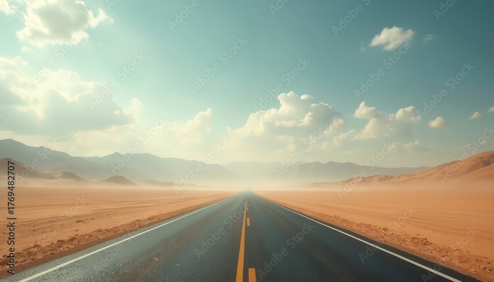 Fototapeta premium Desert highway stretches towards distant mountains under a hazy sky. Sandy dunes flank the empty road, suggesting a long journey. Barren landscape invites exploration, solitude, and adventure.