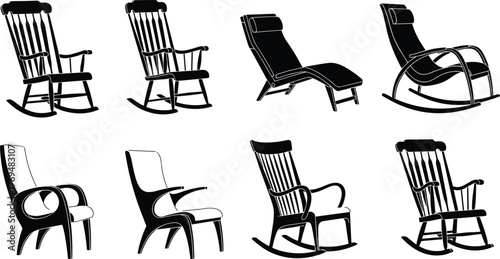 Rocking chair set, lounge chair icons, modern furniture, wooden seating, interior decor, home design, vector clipart, flat vector illustration