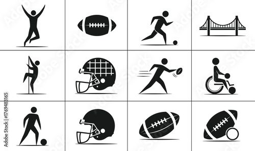 Sports icon set, American football symbols, soccer action poses, martial arts kick, adaptive athlete, black and white, flat vector illustration