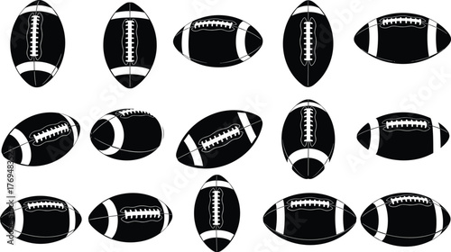 American football icons, sports ball set, black silhouette, game equipment, laces detail, flat vector illustration, graphic design element
