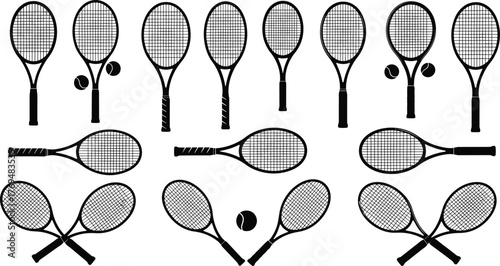 Tennis racket silhouette collection, black tennis rackets and balls, sports equipment icons, flat vector design, isolated illustration set