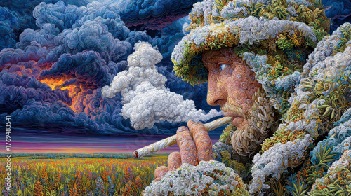 Psychedelic prophet smoking marijuana joint in magic field