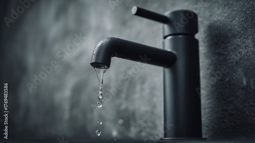 Modern black faucet with water droplet against textured gray background highlighting contemporary bathroom design elements and sleek plumbing fixtures