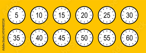 Countdown timer second, minutes. Clock symbols, stopwatch signs. Cooking time flat icons. From five to sixty minutes interval. 5, 10, 15, 20, 25, 30, 35, 40, 45, 50, 55, 60 second dial. Time interval.