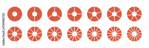 Circle division on 1, 2, 3, 4, 5, 6, 7, 8, 9, 10, 11, 12, 13, 14 equal parts. Wheel life round divided diagrams with segments. Blank infographic progress icons. Coaching tool. Segmented pinwheel red.