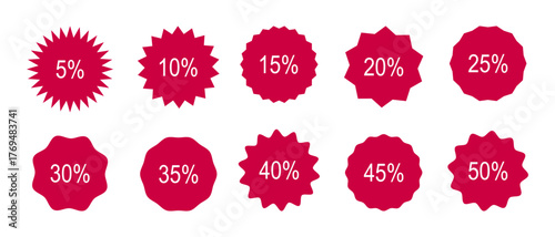 Circle sticker with percent discount from 5 to 50. Set of wavy edge promo red badges. Star burst shape featuring sale tags.Vintage price drop labels stickers. Promotional flat icons. Simple silhouette
