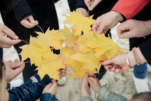 Hände mit gelben Herbstblättern – Symbol für Gemeinschaft und Wandel