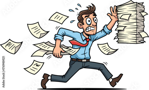 Running businessman, office stress, paperwork overload, deadline panic, cartoon character, flat vector illustration, cad drawing, urgency, chaos, workplace pressure