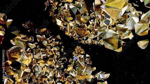 The cinematic 3D animation of the 2026 years celebrated gold and metallic numbers text as spread thousands particles created by 3D modeling animation.