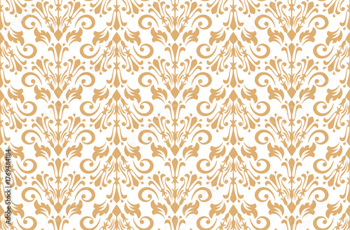 Wallpaper in the style of Baroque. White and golden floral ornament. Seamless vector background. Graphic pattern for fabric, wallpaper, packaging. Ornate Damask flower illustration