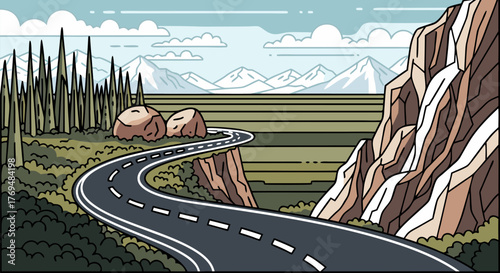 Vibrant illustration of a breathtaking mountain landscape at sunrise, showcasing a tranquil lake reflecting the golden sky amidst towering peaks and lush forests