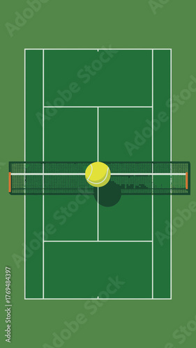 Top view of a tennis court with net and ball