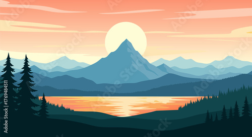 Mountain Landscape at Sunset with Lake and Forest Illustration