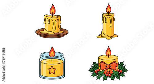 Various Candle Illustrations A Collection of Burning Candles with Different Designs and Decorations for Decorative Purposes