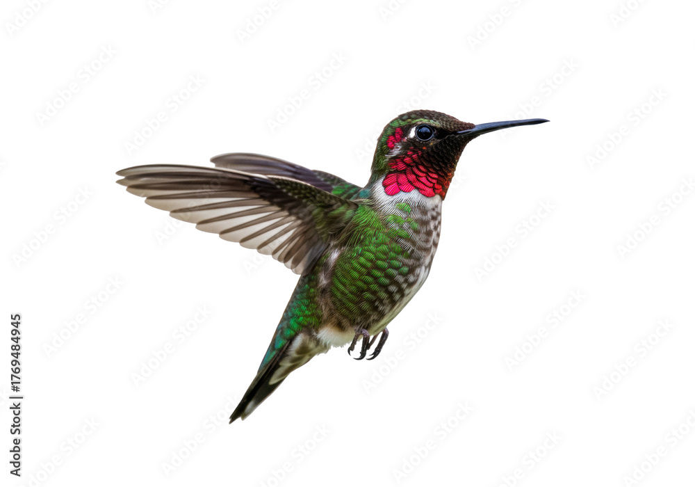 Fototapeta premium Isolated Anna's hummingbird in flight, displaying its colorful feathers, hovering gracefully