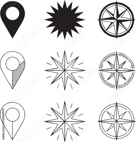 Set of nine detailed map location icons with transparent background map icon pin icon