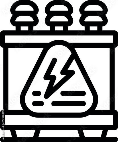 Power transformer with high voltage warning sign, representing electrical hazard and safety precautions