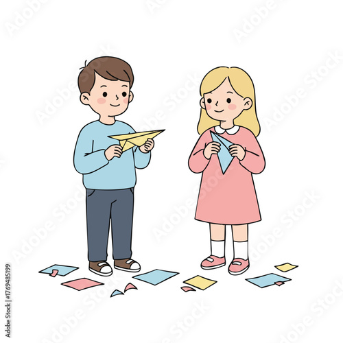Minimalistic flat 2D vector illustration shows cheerful children happily folding paper airplanes together on a clean, simple white background, emphasizing creativity and childhood fun.