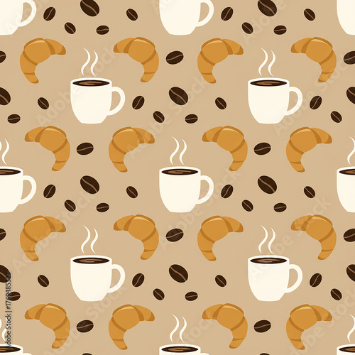 Cozy Cafe Coffee and Croissant Seamless Pattern - Digital Vector Background
