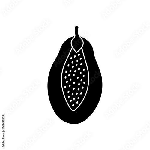 Silhouette illustration of a halved papaya with seeds on a white background on transparent background