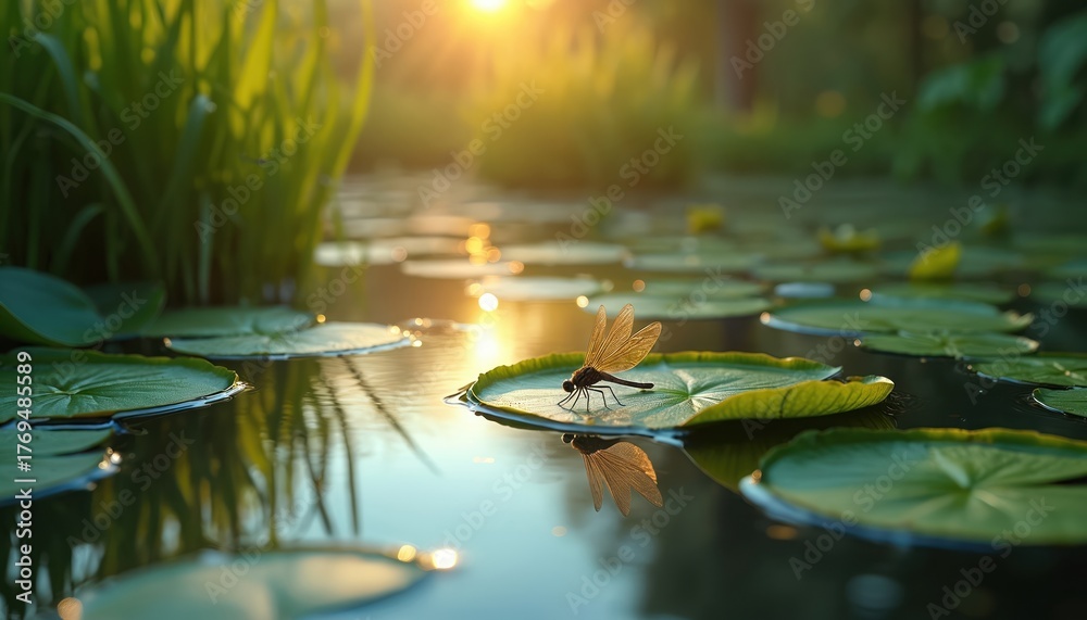 Fototapeta premium Dragonfly rests on a green lily pad in calm water. Sun glints on pond surface near aquatic plants. Peaceful natural scene with insect reflection.