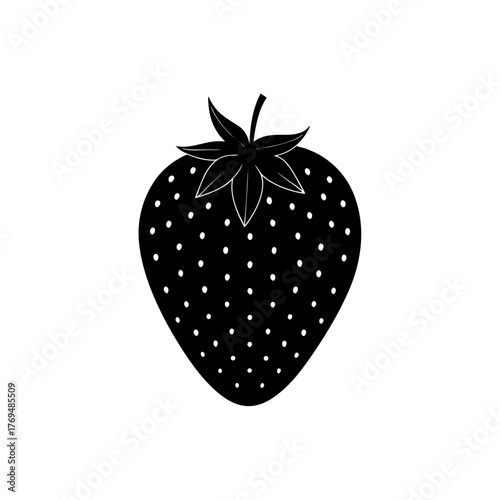 Illustration of a black strawberry with white dots and green leaves on top on transparent background