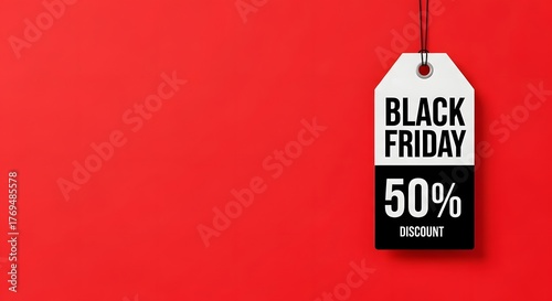 Black friday sale tag featuring a 50 percent discount on a red background