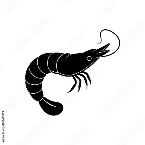 Silhouette of a shrimp with segmented body and long antennae in black color on transparent background