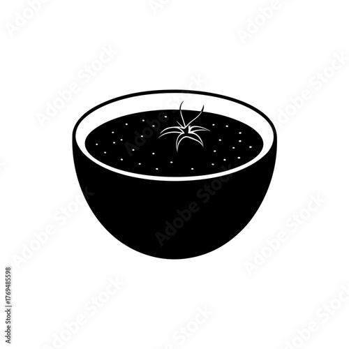 Illustration of a black bowl filled with soup and garnished with a tomato plant on transparent background