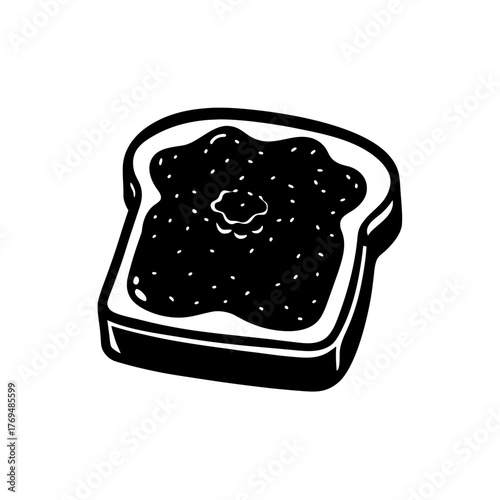 A stylized illustration of a slice of bread covered with dark jam or jelly on transparent background