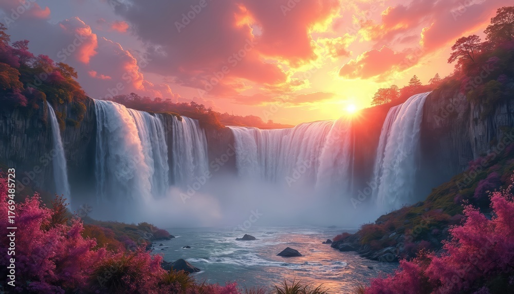 Obraz premium Wide waterfall cascades down cliff face during vibrant sunrise. Pink, purple foliage lines river bank. Sunbeams shine through misty air, painting sky orange, yellow.