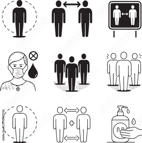 Nine People Standing Apart Social Distancing Graphic group separation