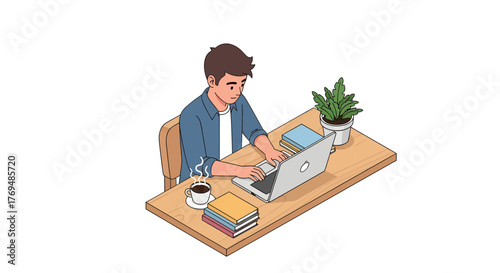 Focused young professional working remotely from home with laptop, coffee, and books at desk for peak productivity in modern lifestyle setup