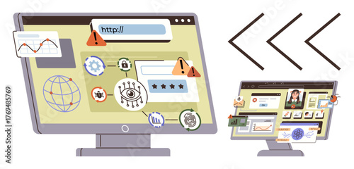 Computer screens show cybersecurity threats thumbs up phishing, malware, and breaches via warning icons. Ideal for cyber risk, data safety, fraud prevention, hacking alerts, network security, online