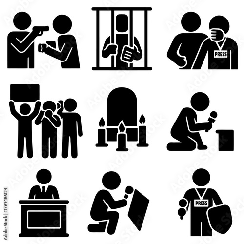 Freedom of the Press and Censorship Icon Set: Journalist Intimidation and Human Rights