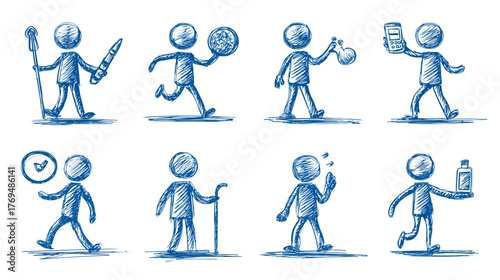 Blue Hand-Drawn Stick Figures Icon Set: Prehistoric, Modern, and Medical Concepts