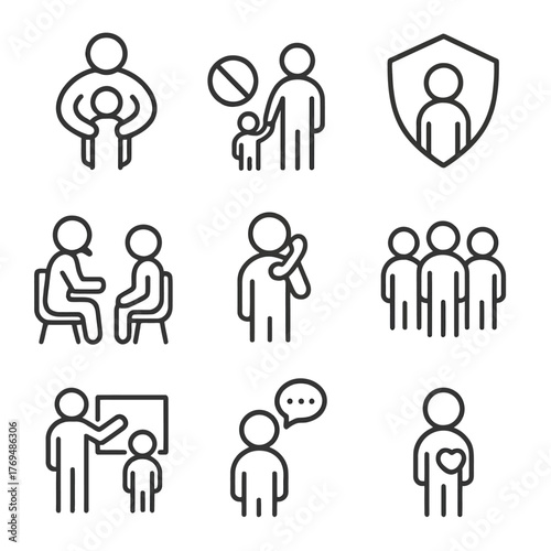 Stop Child Abuse and Exploitation Outline Icon Set: Protection, Counseling, and Safety