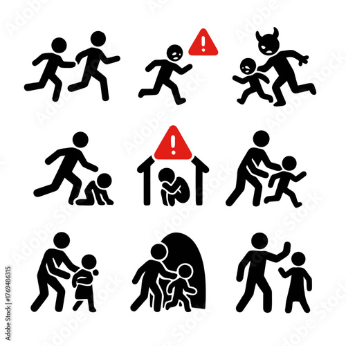 Stop Child Abuse and Exploitation Outline Icon Set: Protection, Counseling, and Safety