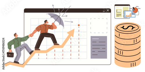 Businessmen walking up an arrow symbolizing growth, with umbrella for protection, graphs, charts, and coin stack. Ideal for finance, teamwork, investment, risk management business strategy