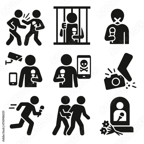 Stop Crimes Against Journalists Icon Set: Media Harassment, Censorship, and Threat Silhouettes