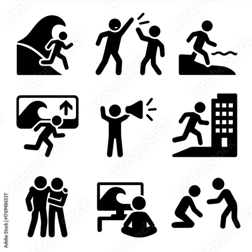 Tsunami Disaster Prevention Outline Icon Set: Warning, Evacuation, and Safety Education