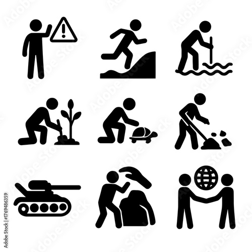 Environmental Protection and Resource Conflict Icon Set: War, Pollution, and Conservation