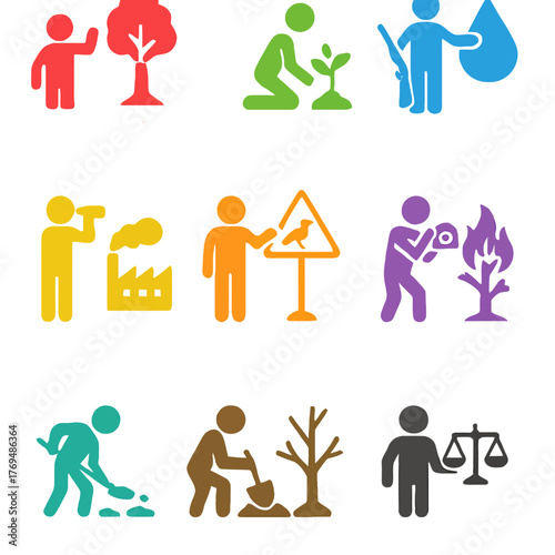 Environmental Protection and Resource Conflict Icon Set: War, Pollution, and Conservation